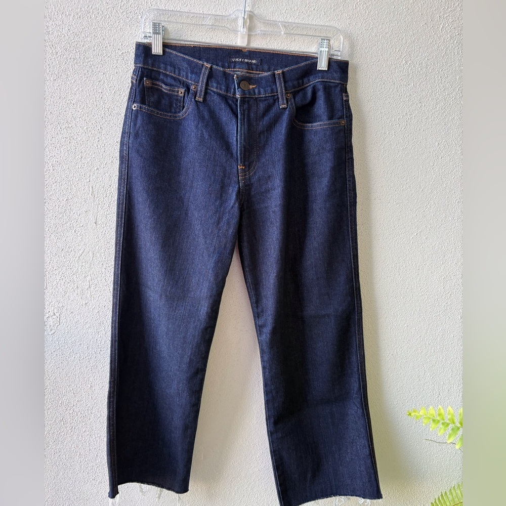 Lucky Brand mid rise crop wide leg jeans size 2 dark wash frayed hem